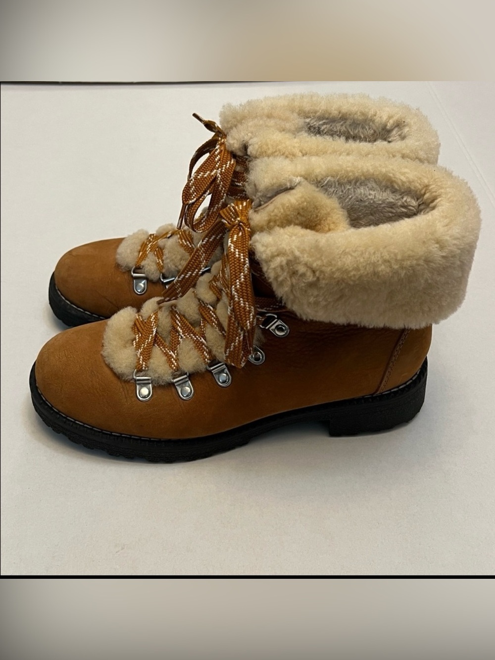 J.CREW FAUX FUR & LEATHER HIKING BOOTS CHESTNUT BROWN SIZE 8 WOMENS